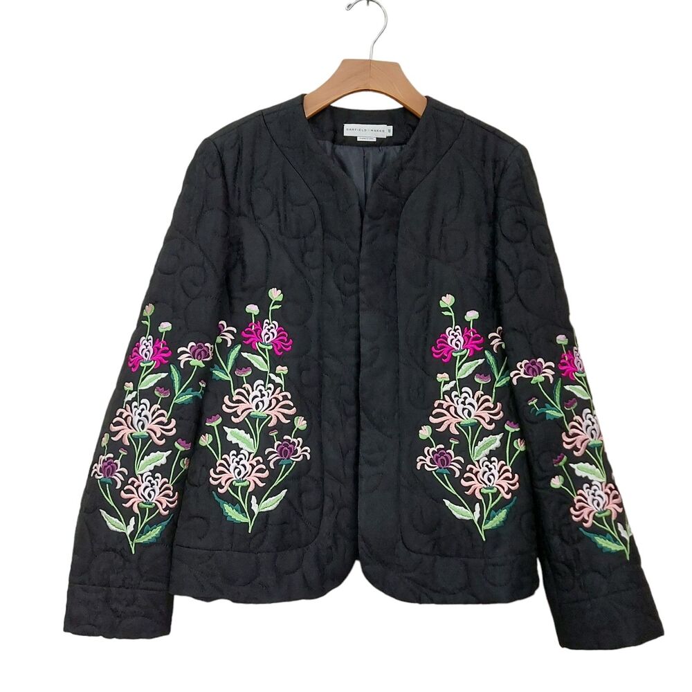 Garfield Marks Womens 10 Black Madeline Open Jacket Quilted Floral Embroidered